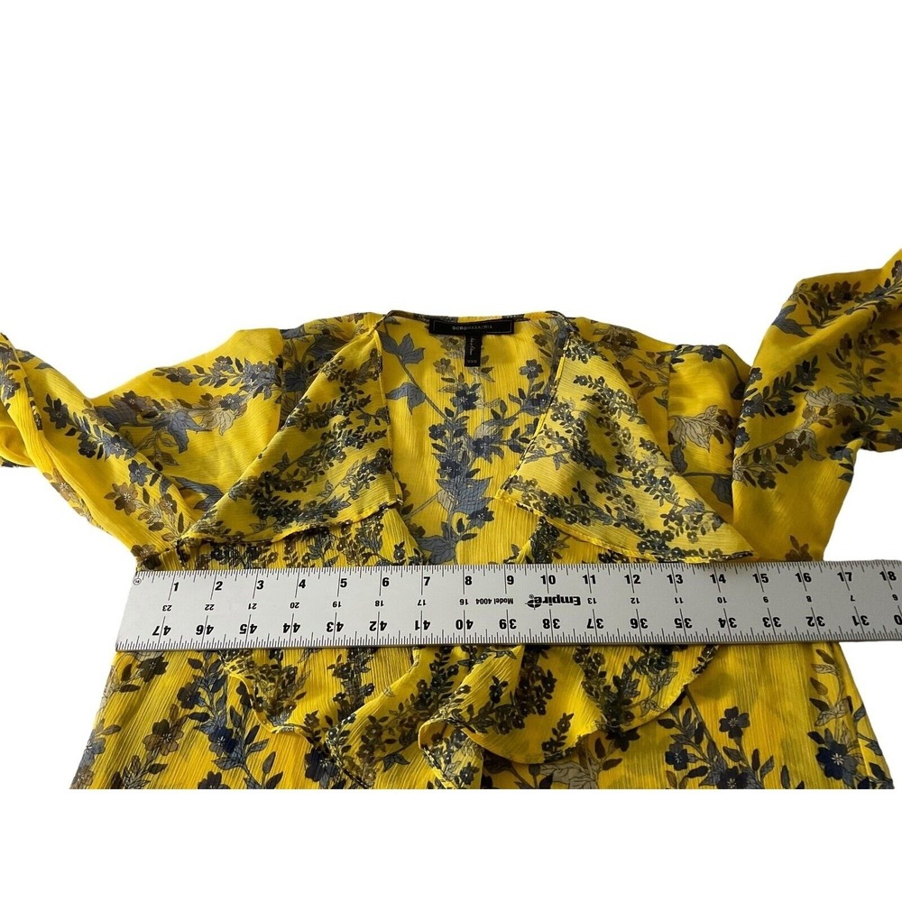BCBGMAXAZRIA Yellow Gray Floral Ruffle Tiered V-Neck Midi Dress XXS - Picture 5 of 13